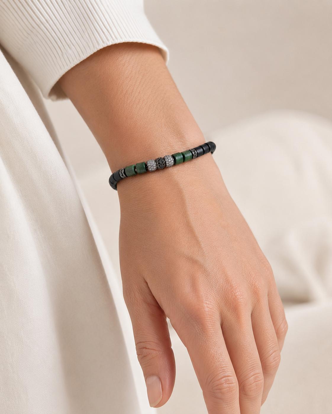 Close view of a Bjelon bracelet on wrist